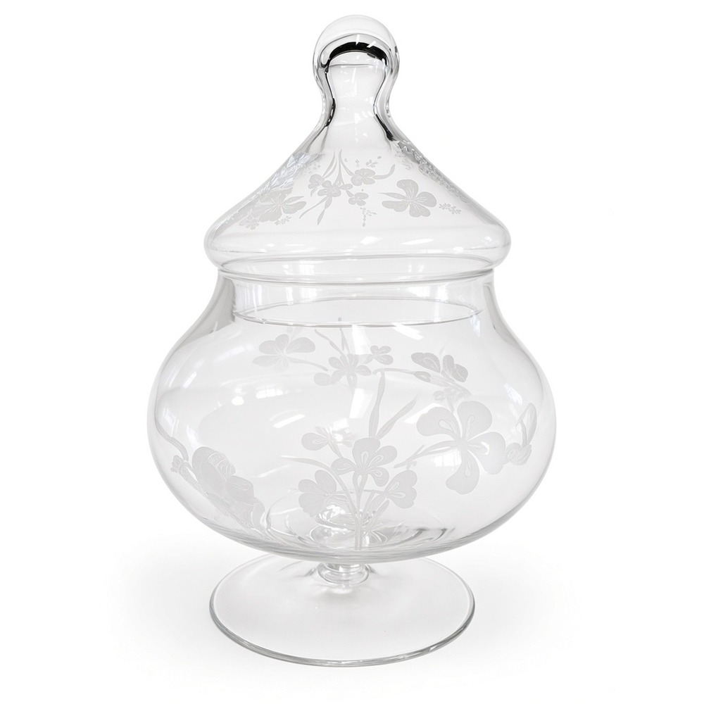 Vintage Pasabahce Lidded Apothecary Candy Jar with Etched Flowers, 3 Cup, Turkey